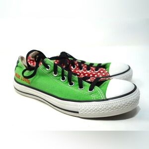 Converse Womens Sz 7.5 Green& Red Hearts Shoes “Hugs Loves”